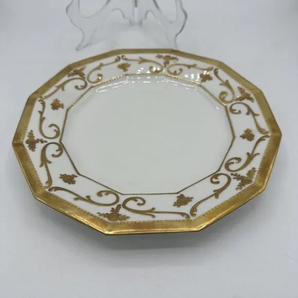 Antique Limoges Plate 9.25” Gold Trim France 12-sided Embossed Scroll - Picture 10 of 14